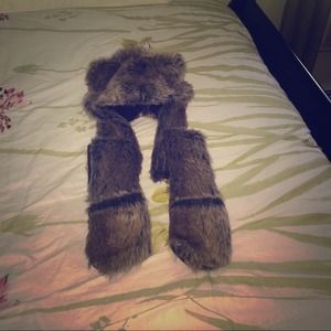 Furry hat with mittens attached! Bear ears on top!