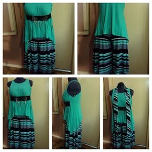 A-line aqua/black stripe gaucho pants.