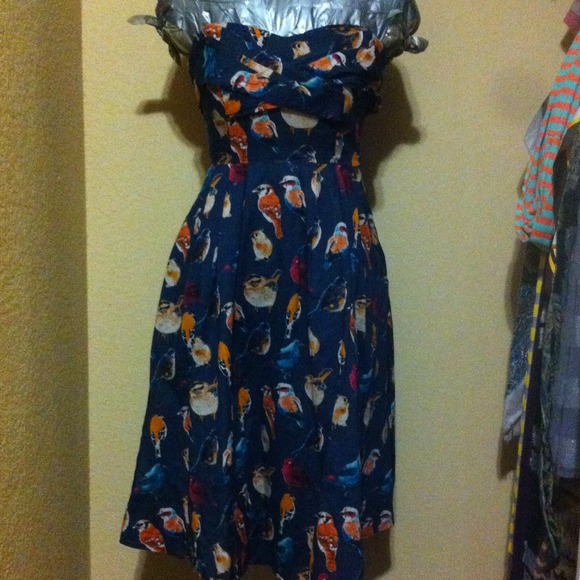 Strapless bird print tea length dress