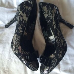 Black lace silver glitter heels