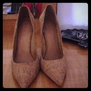 L.A.M.B Cork w/ pink patent leather detailing.