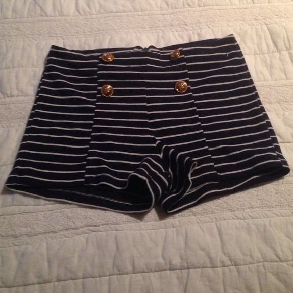 Navy blue and white striped stretchy shorts