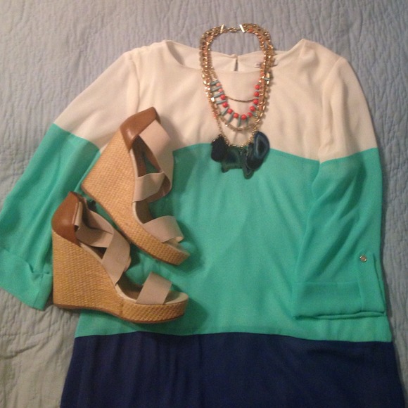 EUC Colorblock Mint, Navy, White Dress