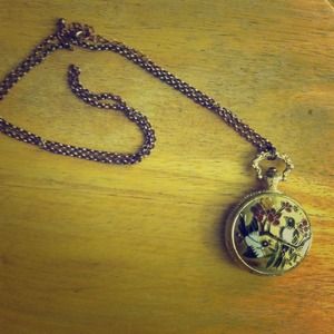 Gold Watch/Necklace with Bird and Flower Enamel