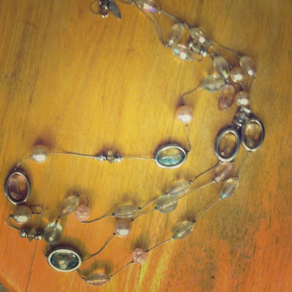 !SOLD! Long Pearl, Pink and Green Beaded Necklace