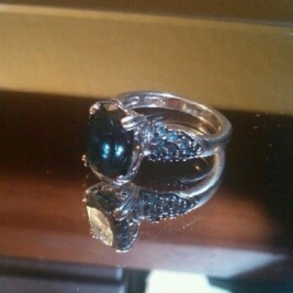 Blue stone sterling silver filigree pave set ring