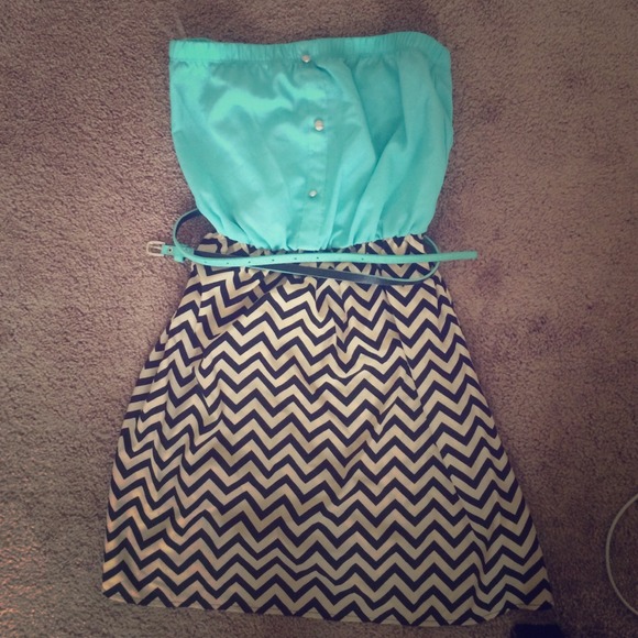 Strapless spool 72 teal/chevron dress