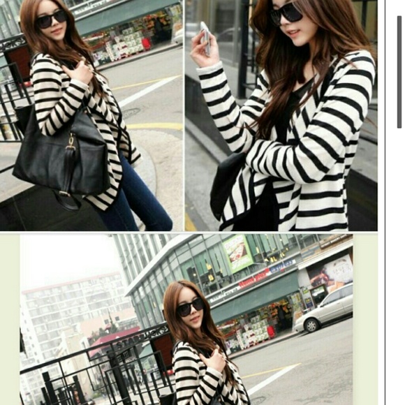 SOLD-Black and white striped cardigan - Picture 3 of 4