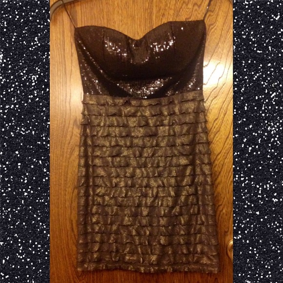 Black Sequin & Gold Ruffled BodyCon Dress - Picture 1 of 4