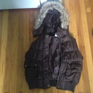 Brown puffy vest w/ fur hood