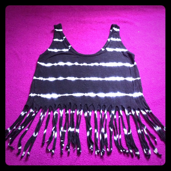 Black and white tie die fringe tank top