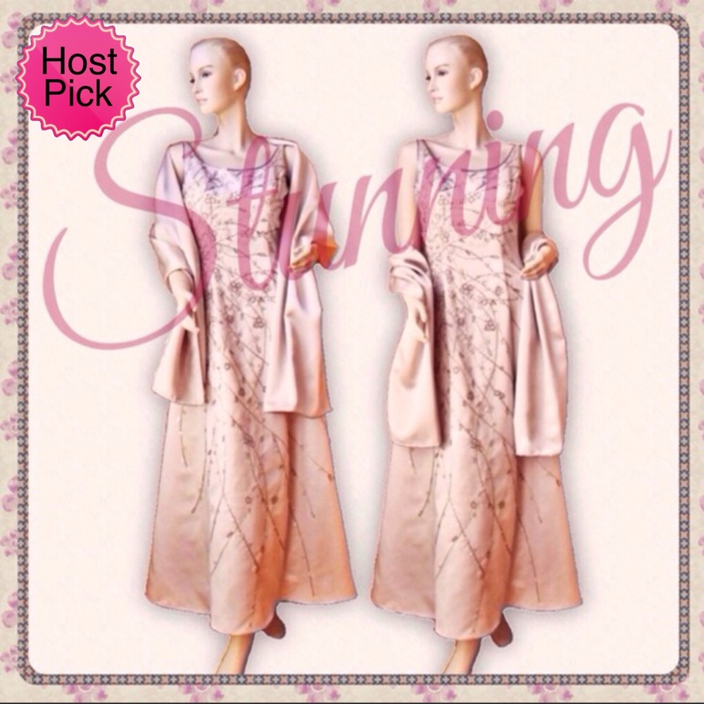 Alyce Designs Blush beaded long Gown w/Wrap XS S