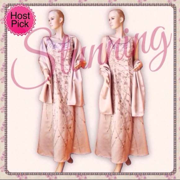 Alyce Designs Blush beaded long Gown w/Wrap XS S - Picture 1 of 4