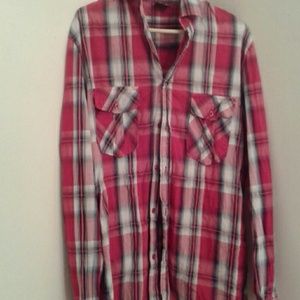 Red,black and white stripe shirt.