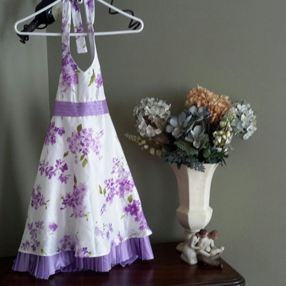 Girls Purple and White Floral Halter Dress - Picture 1 of 2