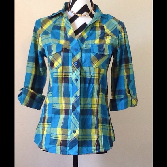 Rue 21 Blue/Yellow Plaid Button Up Top