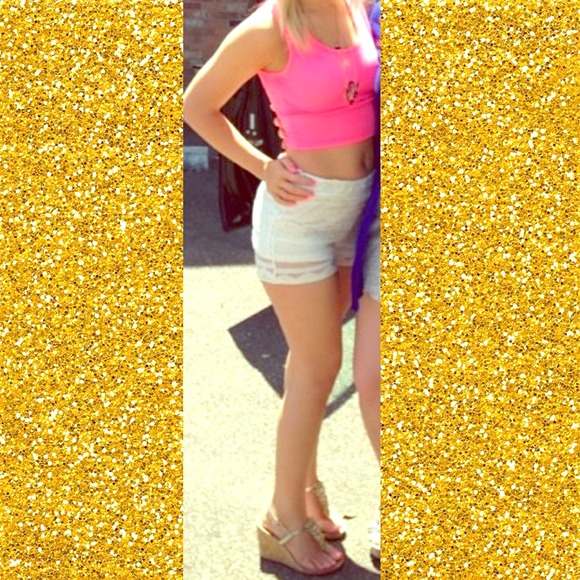 Pink highwaist tank, white lace highwaisted shorts
