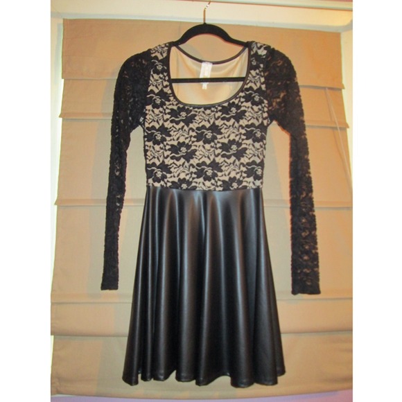 Black foe leather and lace skater dress
