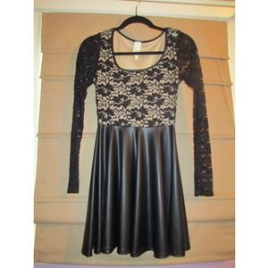 Black foe leather and lace skater dress
