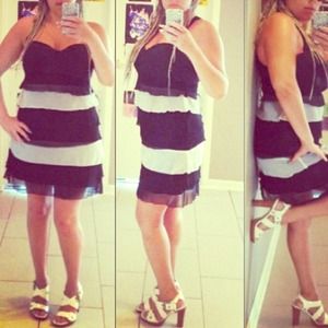 Black white ruffle tiered striped dress stripe