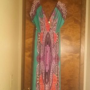 Long boho cap sleeve multiprint summer dress