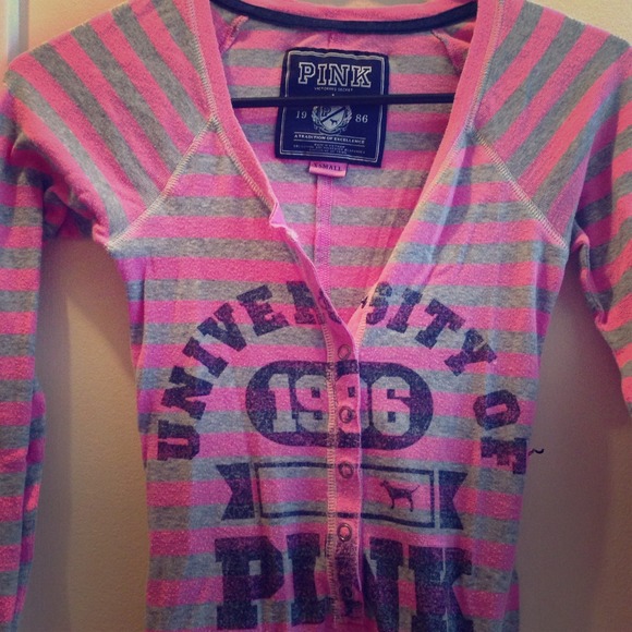 PINK pink and grey stripped vneck button up - Picture 1 of 3