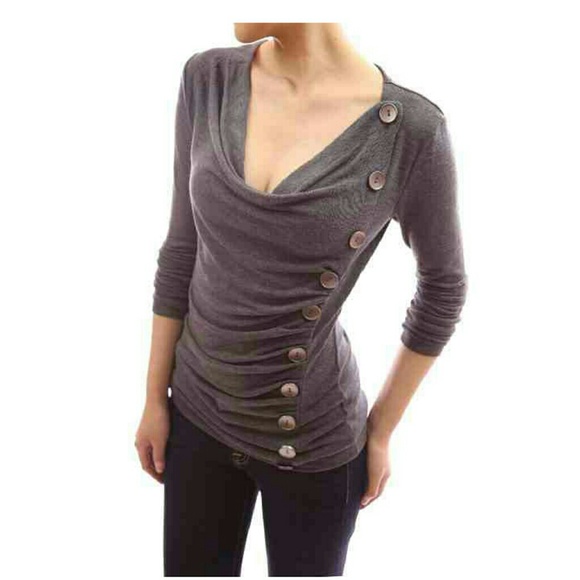 HP Cowl Neck Button Embellished Ruched Blouse Top