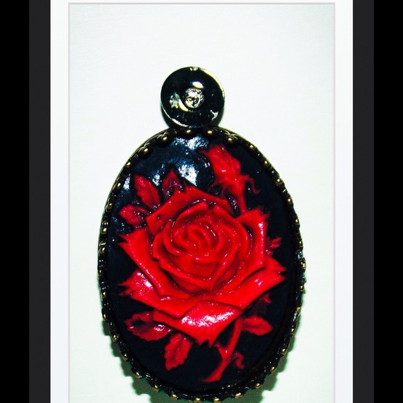 Handcrafted Black & Red Rose Cameo Pendant