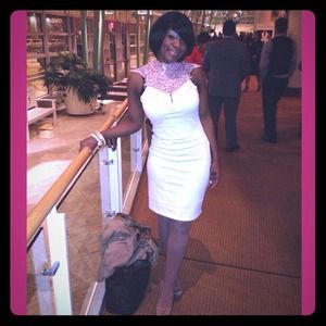 Ivory dress with dusty pink neck detail