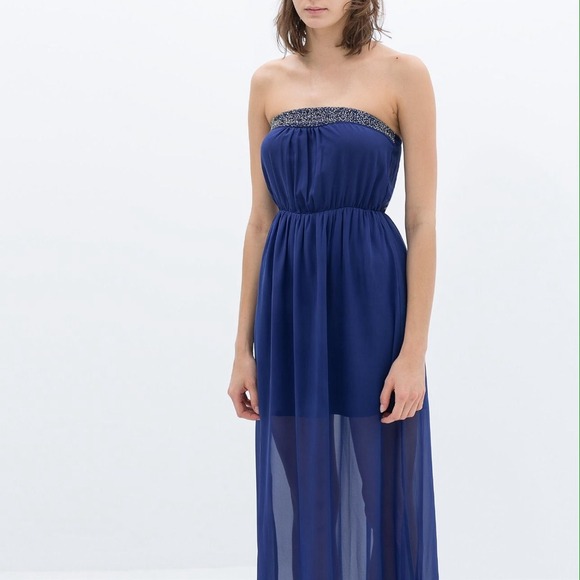 Zara ZARA Indigo Blue Beaded Strapless Long Maxi Dress from Y's