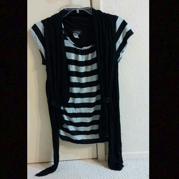 Faux Striped Shirt and Cardigan Set