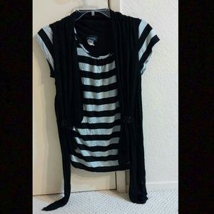 Faux Striped Shirt and Cardigan Set