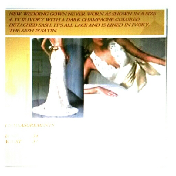 Ivory wedding dress with champagne colored sash.