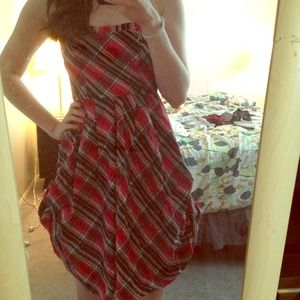 Strapless red plaid dress