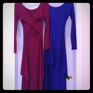 Blue and cranberry highlow dresses w/cutouts