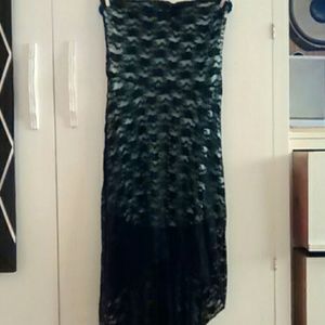 Black lace high low strapless dress with mint slip