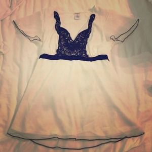 Studio Y white top with black crochet accent