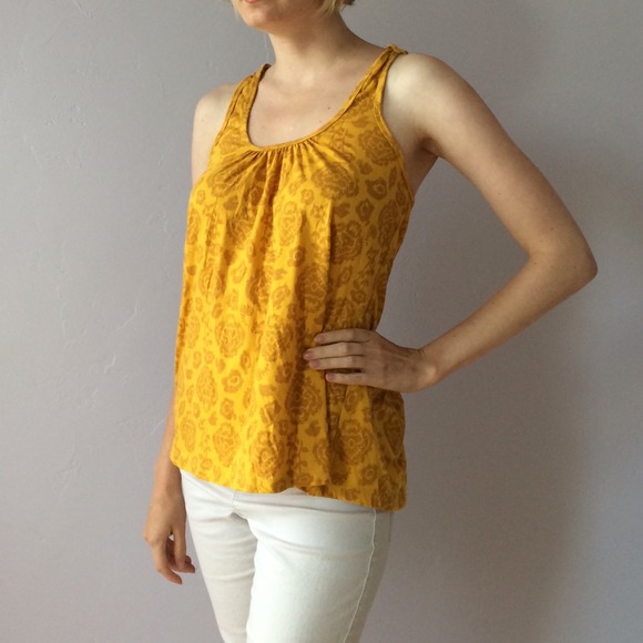 Mustard yellow abstract floral print crochet tank