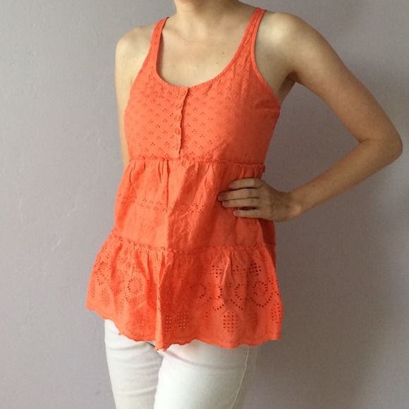 Coral/pink/orange eyelet button front top-NWOT