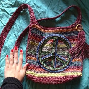 Crochet and bead peace sign bag