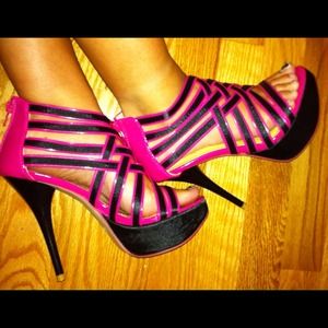 Pink and black stiletto heels