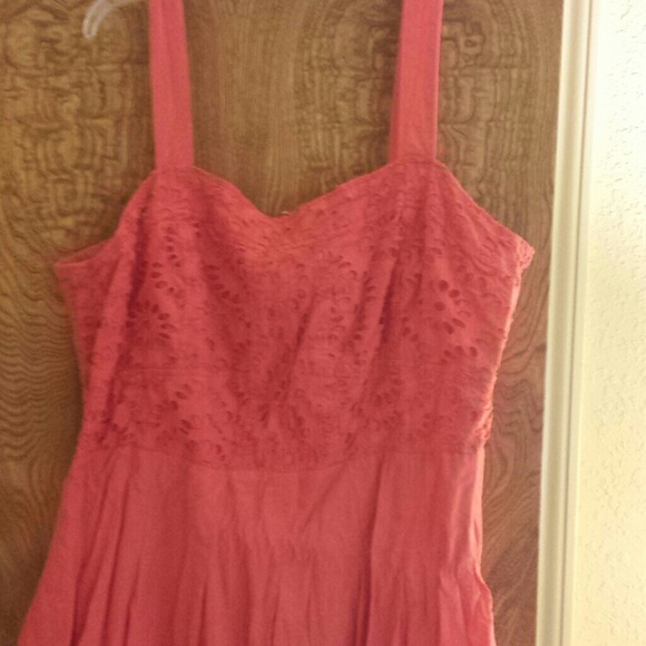 Coral sun dress with eyelet bodice and bottom