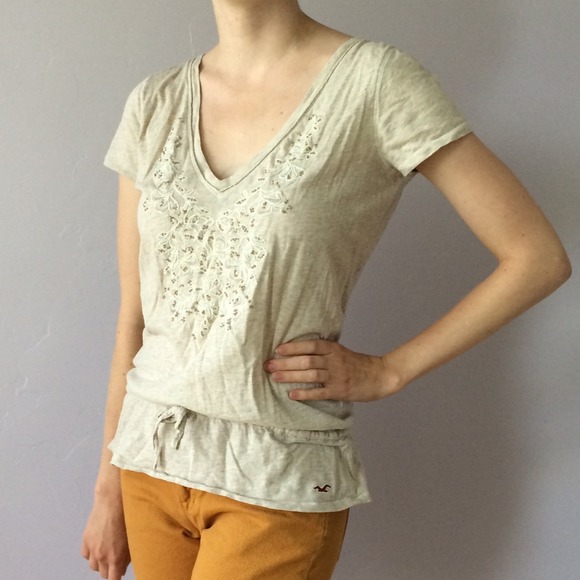 Heathered beige beaded and embroidered tie waist