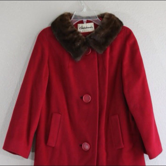 1960s 70s maroon red cashmere peacoat mink collar