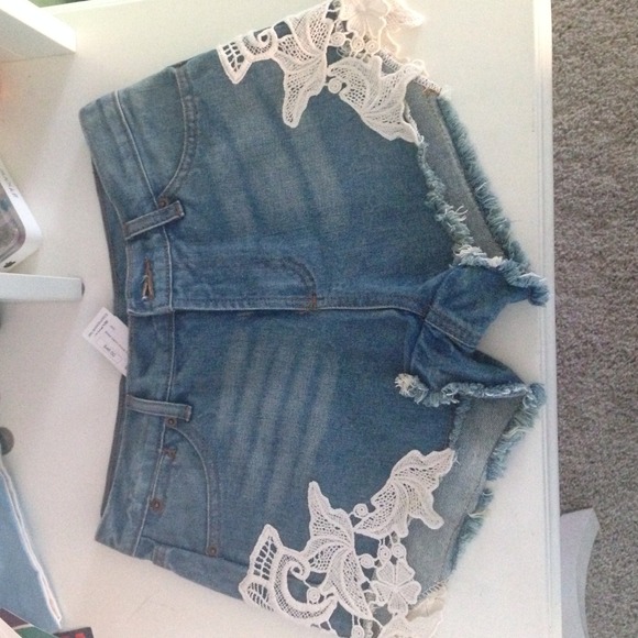 Crochet denim shorts