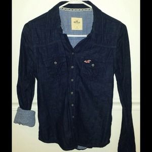 Hollister Navy Blue Checked Button Down Shirt
