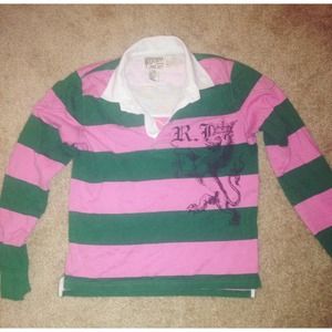 Rugby pink and green striped long sleeve polo