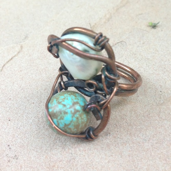 Turquoise and pearl handmade gypsy ring