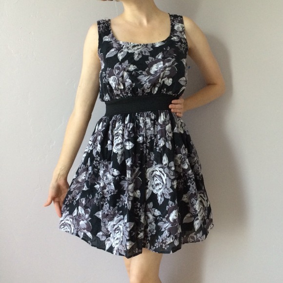 Purple, gray, and black belted floral sundress