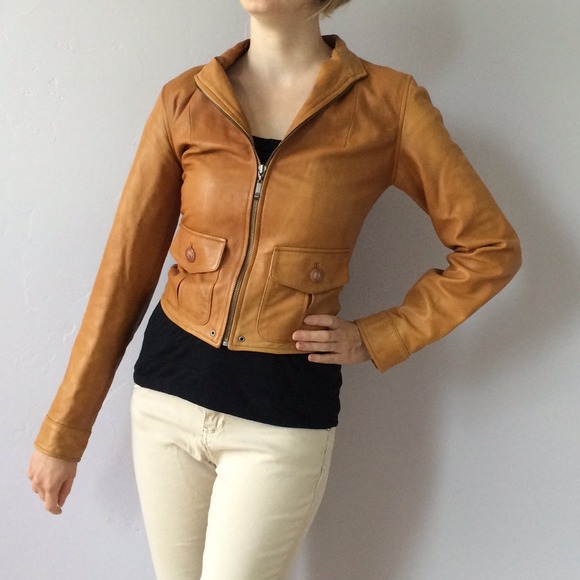 Cognac zipper faux leather jacket